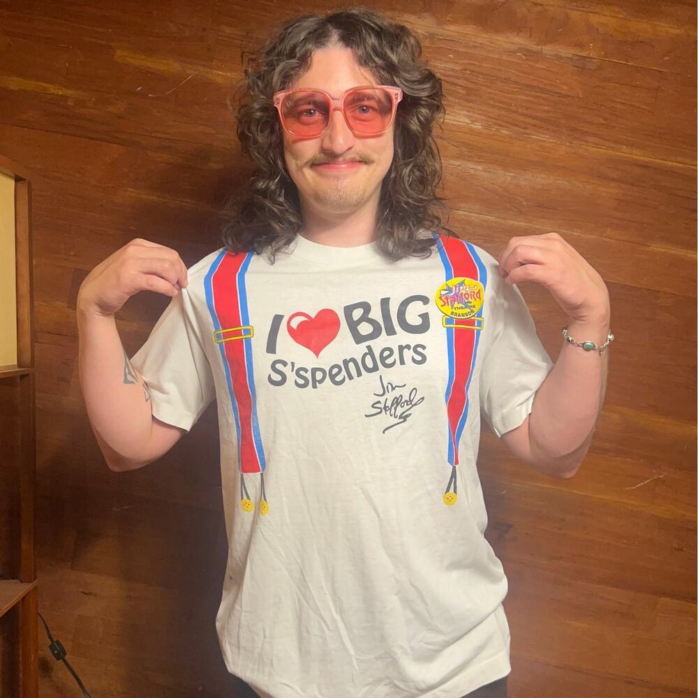 VINTAGE 90s Funny Suspenders Single Stitch Tee Size L Jim Stafford Retro